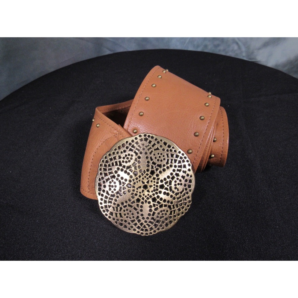 Fossil Womens Tan Leather Wide Medallion Buckle Studded Waist Belt BT2986216 L